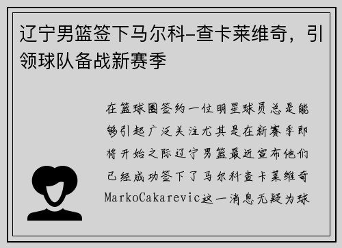 辽宁男篮签下马尔科-查卡莱维奇，引领球队备战新赛季